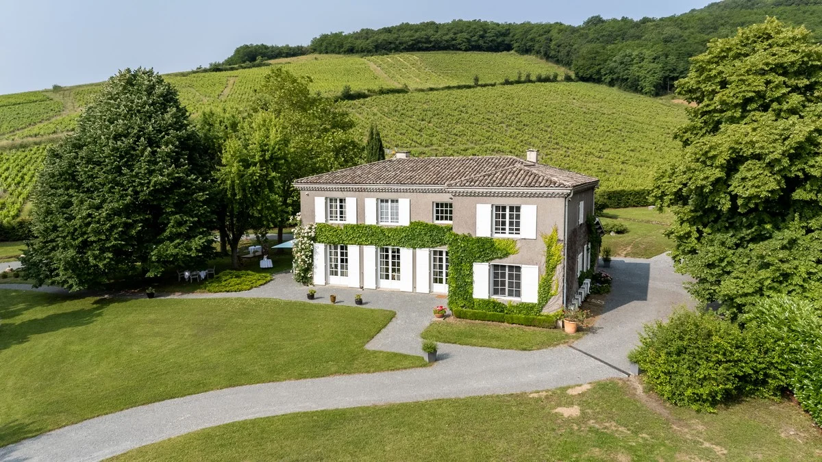Luftbild des Beaujolais-Weingebiets