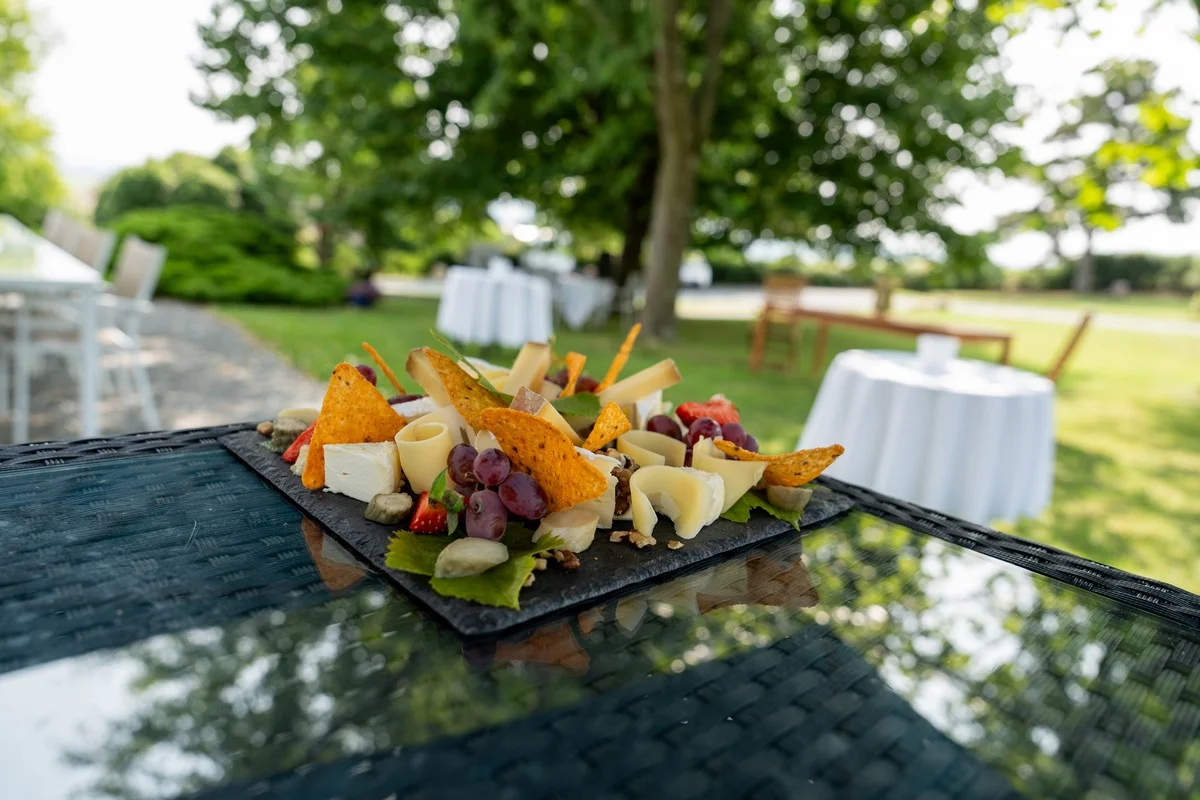 Platter of aged cheeses, fresh fruit and nuts, beautifully arranged on slate — close-up