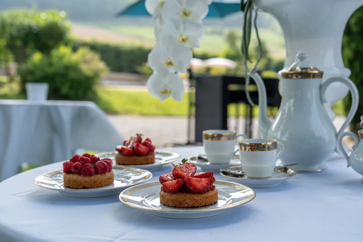 Table d'hôtes dressée en terrasse avec vue sur les vignes