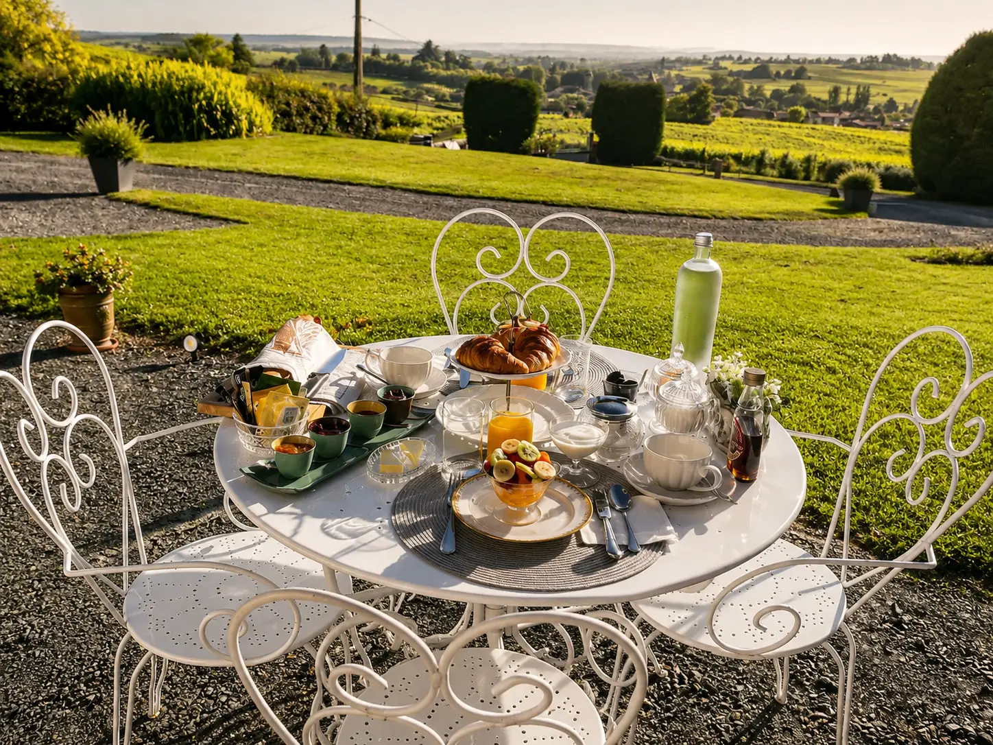 Petit-déjeuner en extérieur à la Villa Saint-Lager — table fleurie au jardin sous le soleil du matin